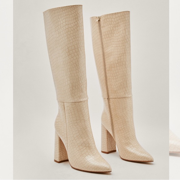 Nasty Gal Shoes - Faux Croc Knee High Boots leather tan cream western pointed toe